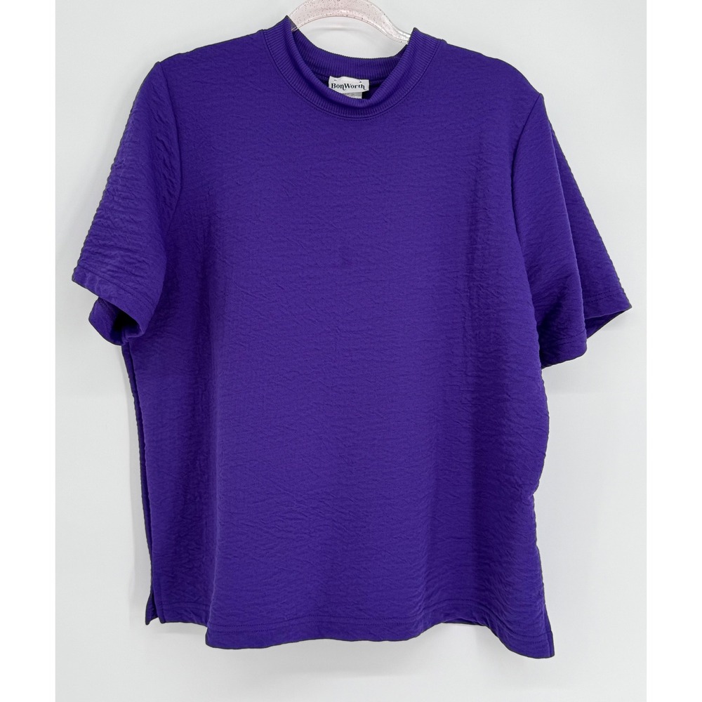 BonWorth Womens Purple Textured Short Sleeve Crew Neck Top Relaxed Fit Sz L